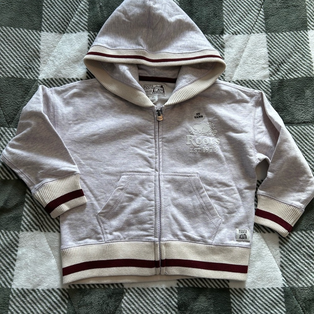 Roots Kids Hooded Zip Sweatshirt in Light Gray with Maroon Stripes